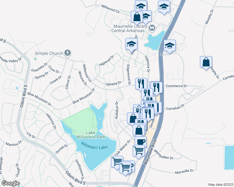 map of restaurants, bars, coffee shops, grocery stores, and more near 190 Audubon Drive in Maumelle