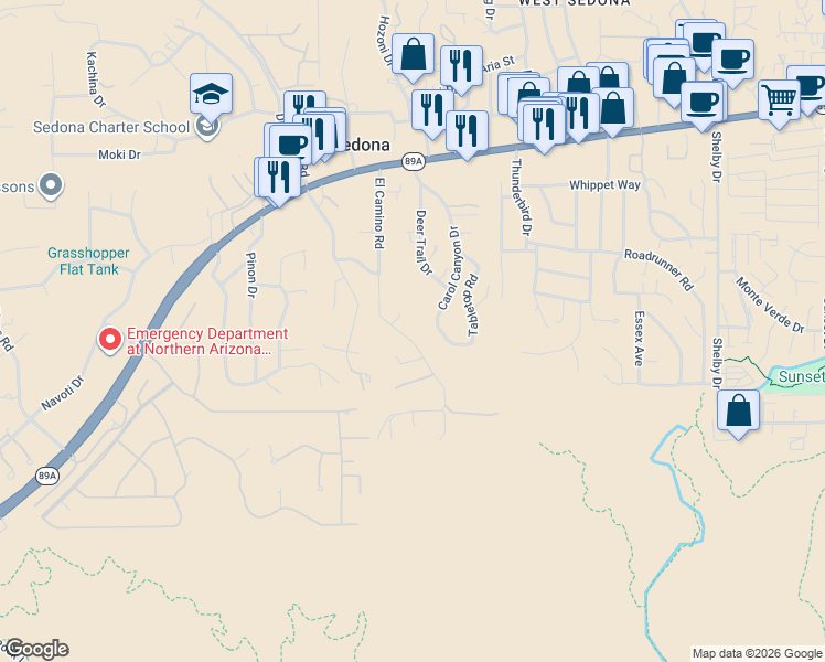 map of restaurants, bars, coffee shops, grocery stores, and more near 370 El Camino Road in Sedona