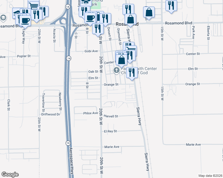 map of restaurants, bars, coffee shops, grocery stores, and more near 2425 Williams Court in Rosamond