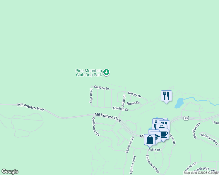 map of restaurants, bars, coffee shops, grocery stores, and more near 16621 Caribou Drive in Pine Mountain Club