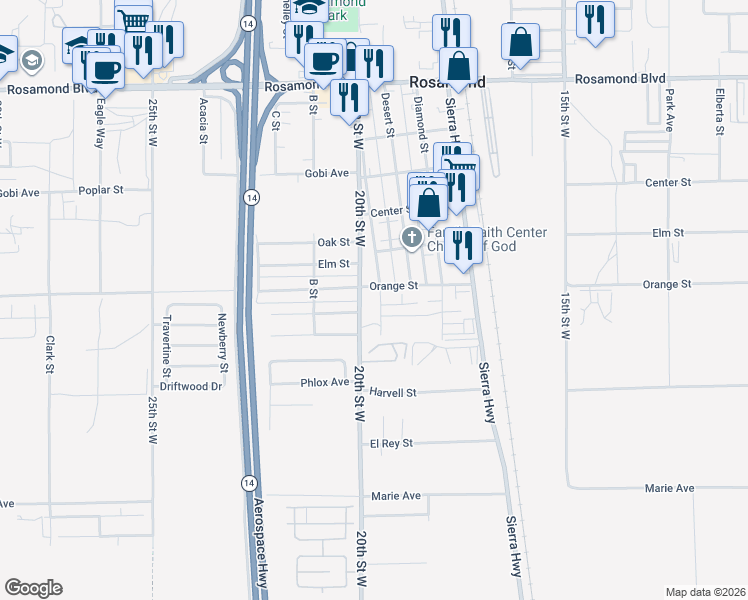 map of restaurants, bars, coffee shops, grocery stores, and more near 2425 Dixie Street in Rosamond