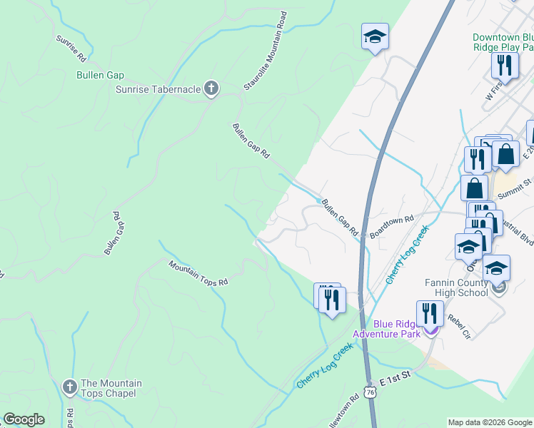 map of restaurants, bars, coffee shops, grocery stores, and more near 150 Mountain Tops Circle in Blue Ridge