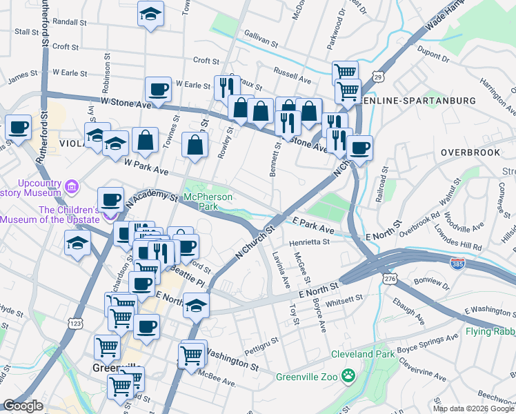 map of restaurants, bars, coffee shops, grocery stores, and more near 224 East Park Avenue in Greenville