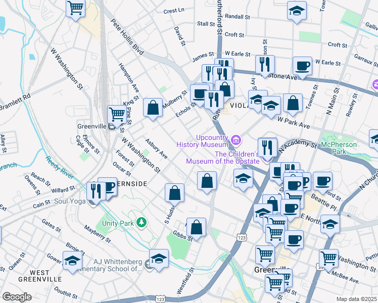 map of restaurants, bars, coffee shops, grocery stores, and more near 412 Hampton Avenue in Greenville