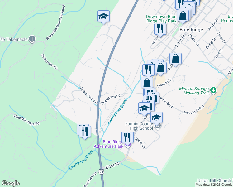 map of restaurants, bars, coffee shops, grocery stores, and more near 24 Bradley Street in Blue Ridge
