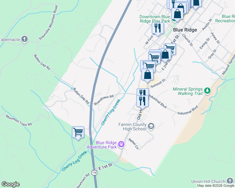 map of restaurants, bars, coffee shops, grocery stores, and more near 185 Boardtown Road in Blue Ridge