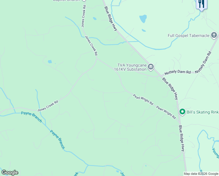 map of restaurants, bars, coffee shops, grocery stores, and more near 1401 Hawks Nest Road in Blairsville