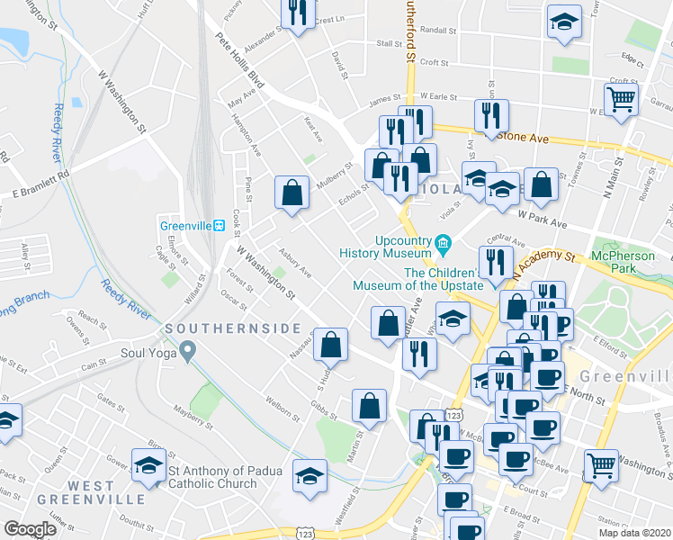 map of restaurants, bars, coffee shops, grocery stores, and more near 511 Hampton Avenue in Greenville