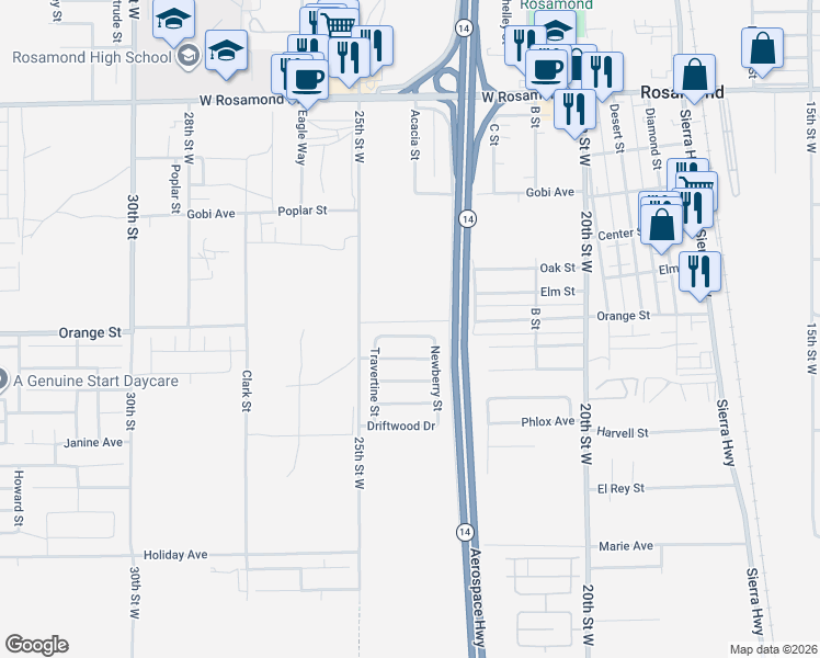 map of restaurants, bars, coffee shops, grocery stores, and more near 2405 Alpaca Avenue in Rosamond