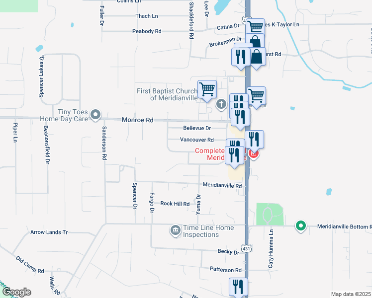 map of restaurants, bars, coffee shops, grocery stores, and more near 147 Olympia Drive in Meridianville