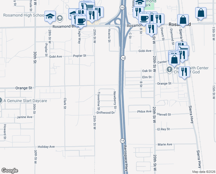 map of restaurants, bars, coffee shops, grocery stores, and more near 2351 Alpaca Avenue in Rosamond