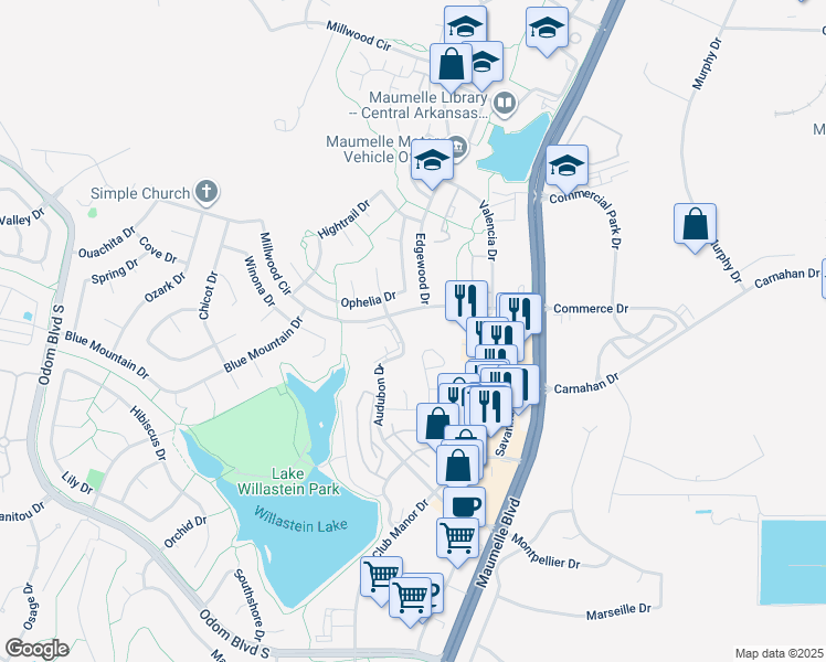 map of restaurants, bars, coffee shops, grocery stores, and more near Audubon Drive in Maumelle
