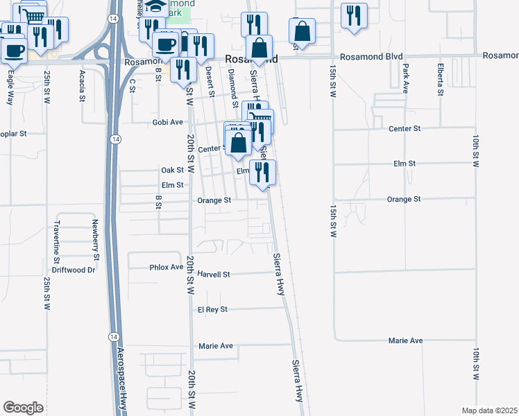 map of restaurants, bars, coffee shops, grocery stores, and more near 2475 Sierra Highway in Rosamond