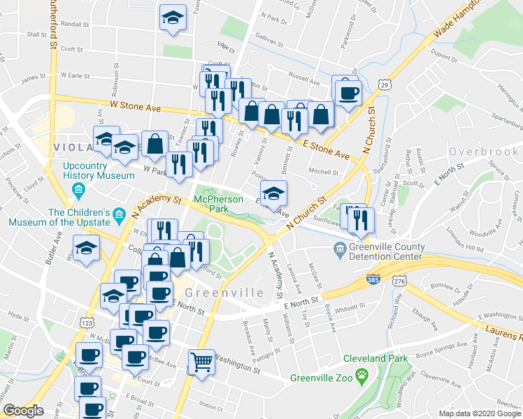 map of restaurants, bars, coffee shops, grocery stores, and more near 216 East Park Avenue in Greenville