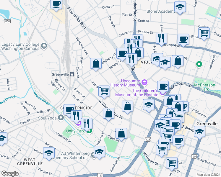 map of restaurants, bars, coffee shops, grocery stores, and more near 511 Hampton Avenue in Greenville