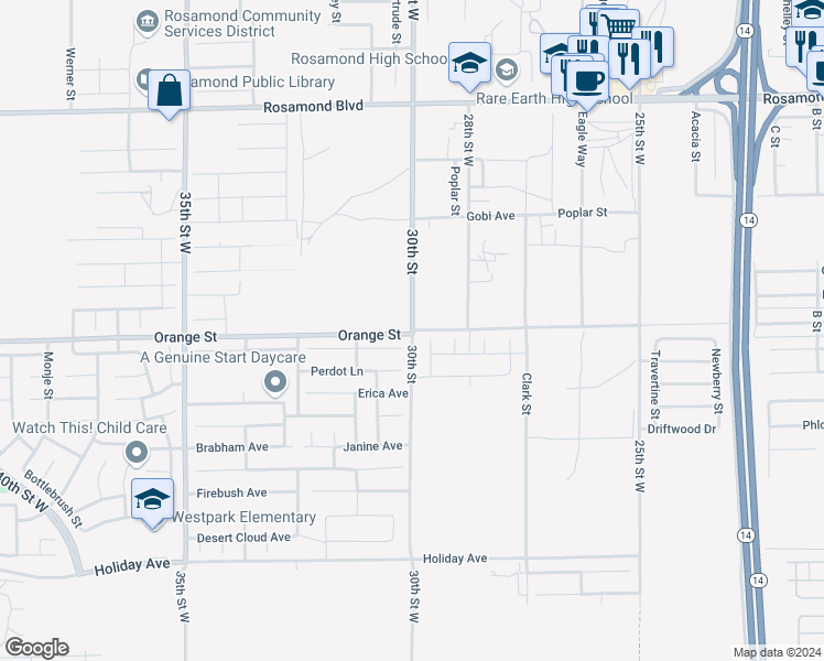 map of restaurants, bars, coffee shops, grocery stores, and more near 30th Street in Rosamond