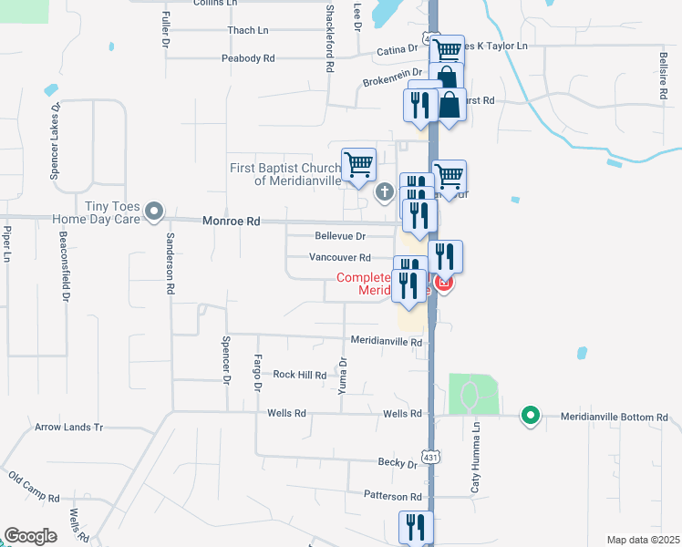 map of restaurants, bars, coffee shops, grocery stores, and more near 131 Olympia Drive in Meridianville