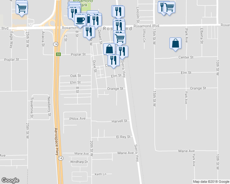 map of restaurants, bars, coffee shops, grocery stores, and more near 2493 Diamond Street in Rosamond