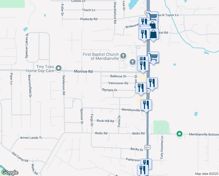 map of restaurants, bars, coffee shops, grocery stores, and more near 147 Olympia Drive in Meridianville