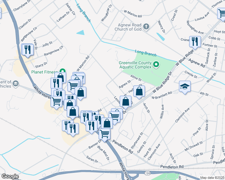 map of restaurants, bars, coffee shops, grocery stores, and more near 28 Leone Avenue in Greenville
