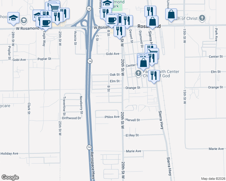 map of restaurants, bars, coffee shops, grocery stores, and more near 2068 Orange Street in Rosamond