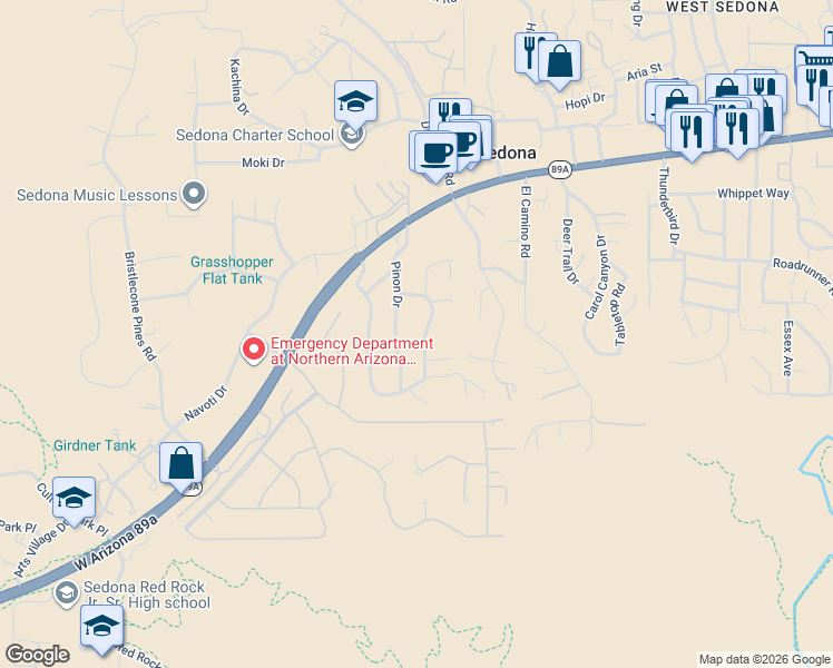 map of restaurants, bars, coffee shops, grocery stores, and more near 235 El Camino Grande in Sedona