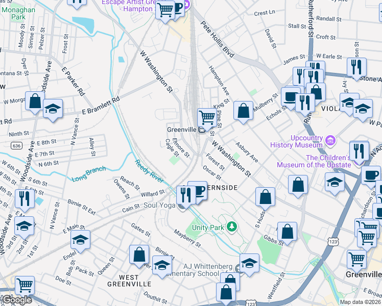 map of restaurants, bars, coffee shops, grocery stores, and more near 1303 West Washington Street in Greenville