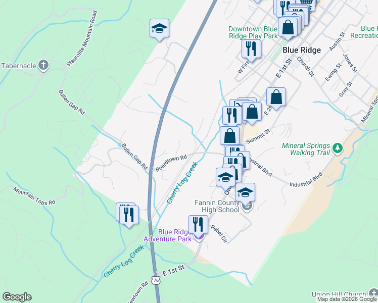 map of restaurants, bars, coffee shops, grocery stores, and more near 185 Boardtown Road in Blue Ridge
