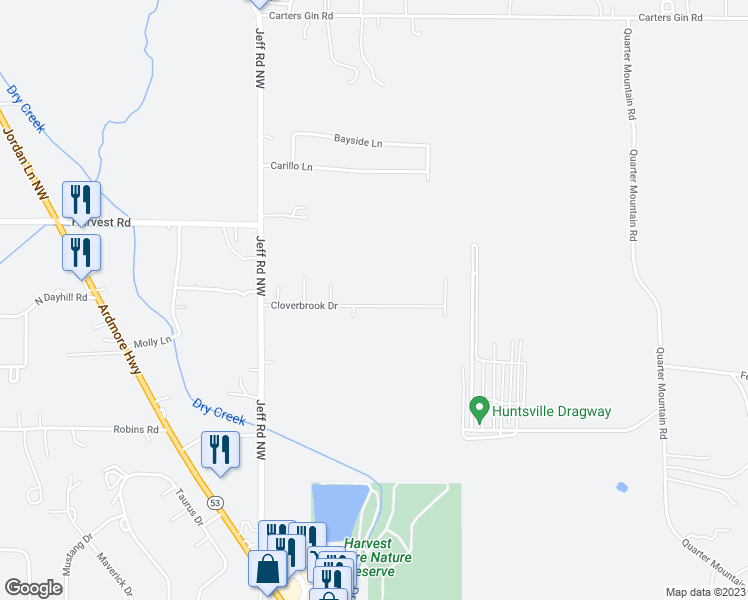 map of restaurants, bars, coffee shops, grocery stores, and more near 165 Cloverbrook Drive in Harvest