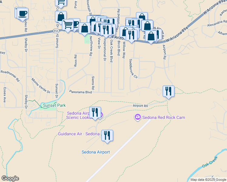 map of restaurants, bars, coffee shops, grocery stores, and more near 440 Oak Creek Boulevard in Sedona
