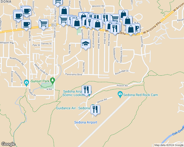 map of restaurants, bars, coffee shops, grocery stores, and more near 435 Inspirational Drive in Sedona