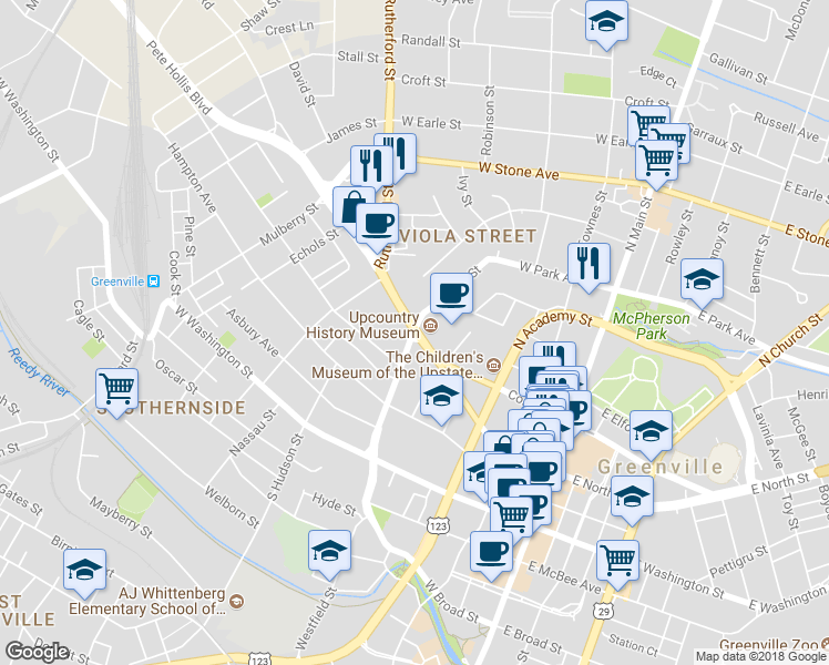map of restaurants, bars, coffee shops, grocery stores, and more near 603 Buncombe Street in Greenville