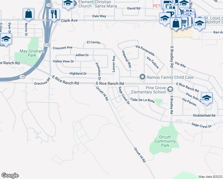 map of restaurants, bars, coffee shops, grocery stores, and more near 5605 Kai Court in Orcutt