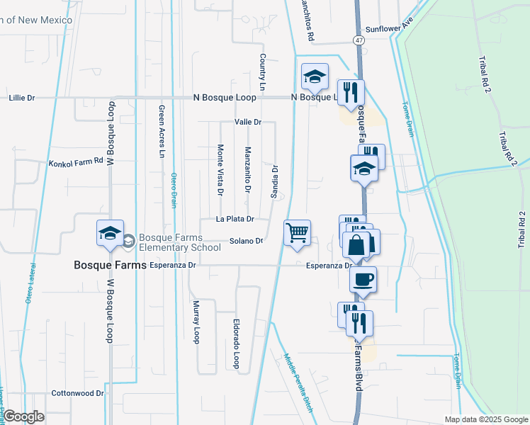 map of restaurants, bars, coffee shops, grocery stores, and more near 1195 Sandia Drive in Bosque Farms