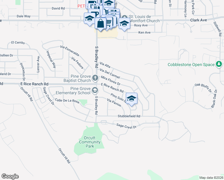 map of restaurants, bars, coffee shops, grocery stores, and more near 1168 East Rice Ranch Road in Santa Maria