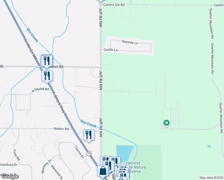 map of restaurants, bars, coffee shops, grocery stores, and more near 102 Springbok Drive in Harvest