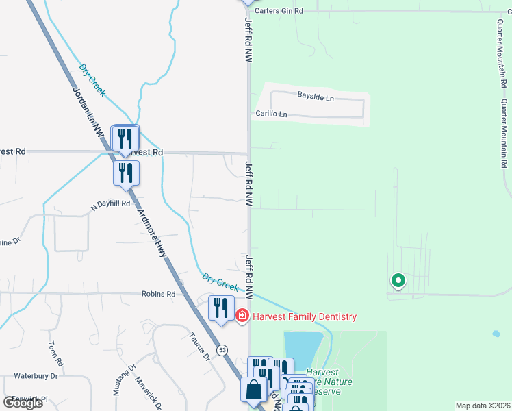 map of restaurants, bars, coffee shops, grocery stores, and more near 100 Foxford Lane in Harvest
