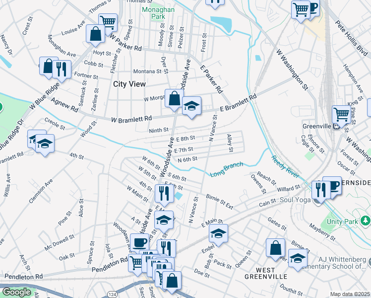 map of restaurants, bars, coffee shops, grocery stores, and more near 31 East 7th Street in Greenville