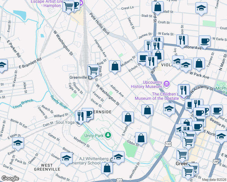 map of restaurants, bars, coffee shops, grocery stores, and more near 223 Asbury Avenue in Greenville