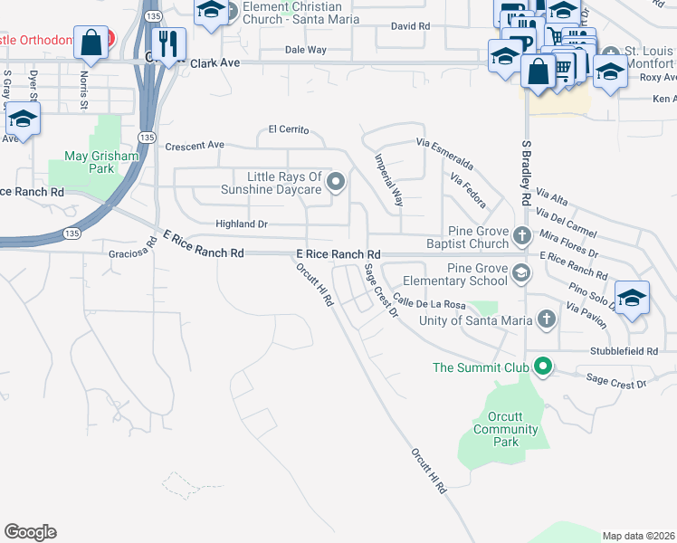 map of restaurants, bars, coffee shops, grocery stores, and more near 5605 Kai Court in Orcutt