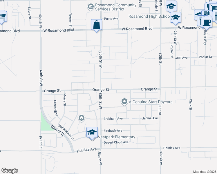 map of restaurants, bars, coffee shops, grocery stores, and more near 3428 Sonya Avenue in Rosamond