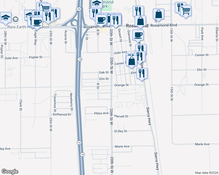 map of restaurants, bars, coffee shops, grocery stores, and more near 2000 Orange Street in Rosamond
