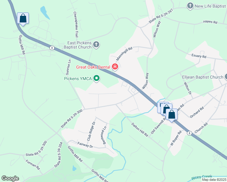 map of restaurants, bars, coffee shops, grocery stores, and more near 229 Earle Drive in Pickens