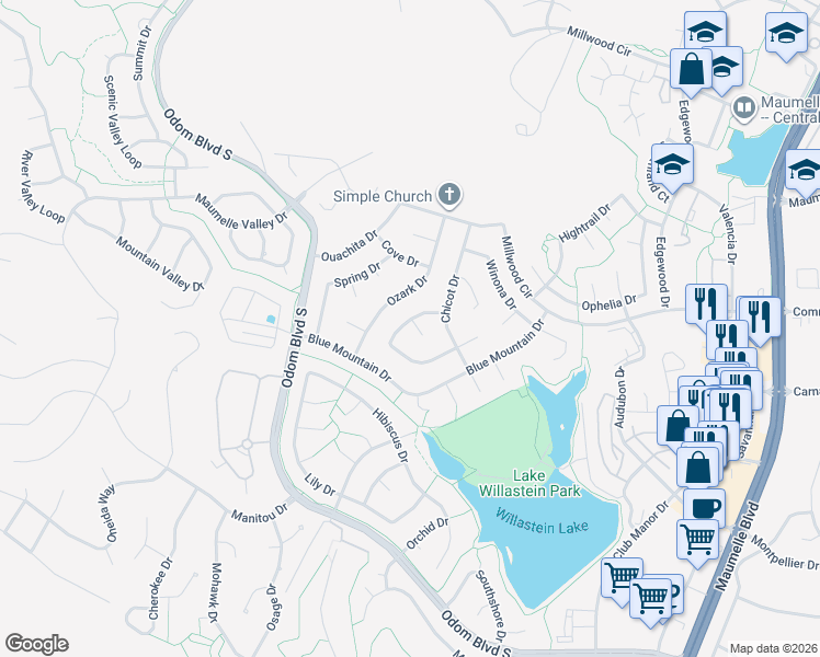 map of restaurants, bars, coffee shops, grocery stores, and more near 21 Sugarloaf Loop in Maumelle