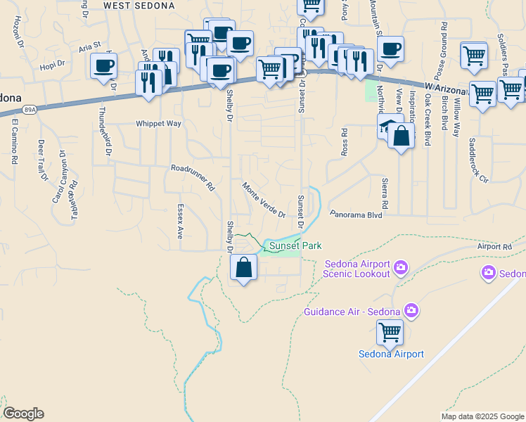 map of restaurants, bars, coffee shops, grocery stores, and more near 55 Monte Vista Lane in Sedona