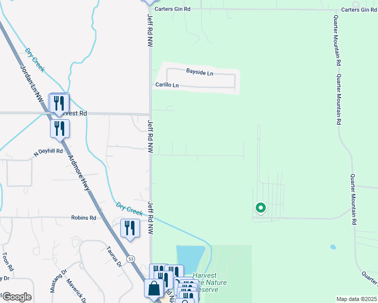 map of restaurants, bars, coffee shops, grocery stores, and more near 103 Point Given Lane in Harvest