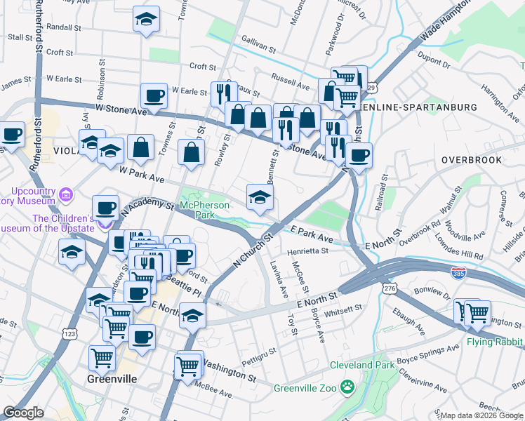 map of restaurants, bars, coffee shops, grocery stores, and more near 231 East Park Avenue in Greenville