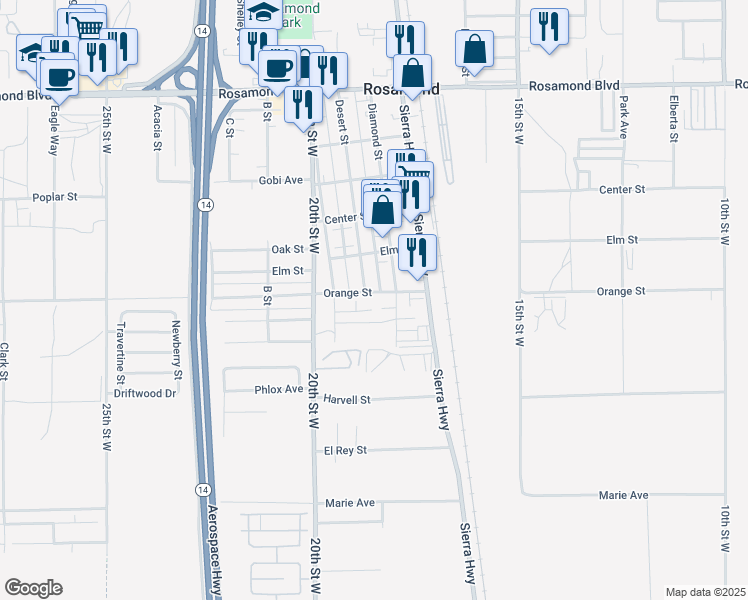 map of restaurants, bars, coffee shops, grocery stores, and more near 1816 Orange Street in Rosamond