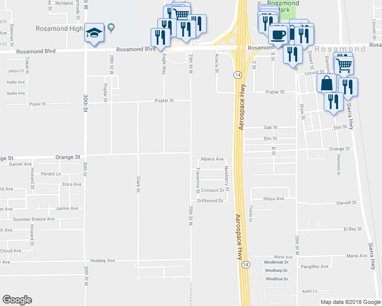 map of restaurants, bars, coffee shops, grocery stores, and more near Orange Street in Rosamond
