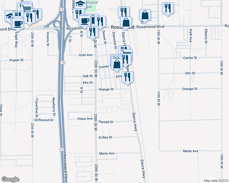 map of restaurants, bars, coffee shops, grocery stores, and more near 2493 Diamond Street in Rosamond